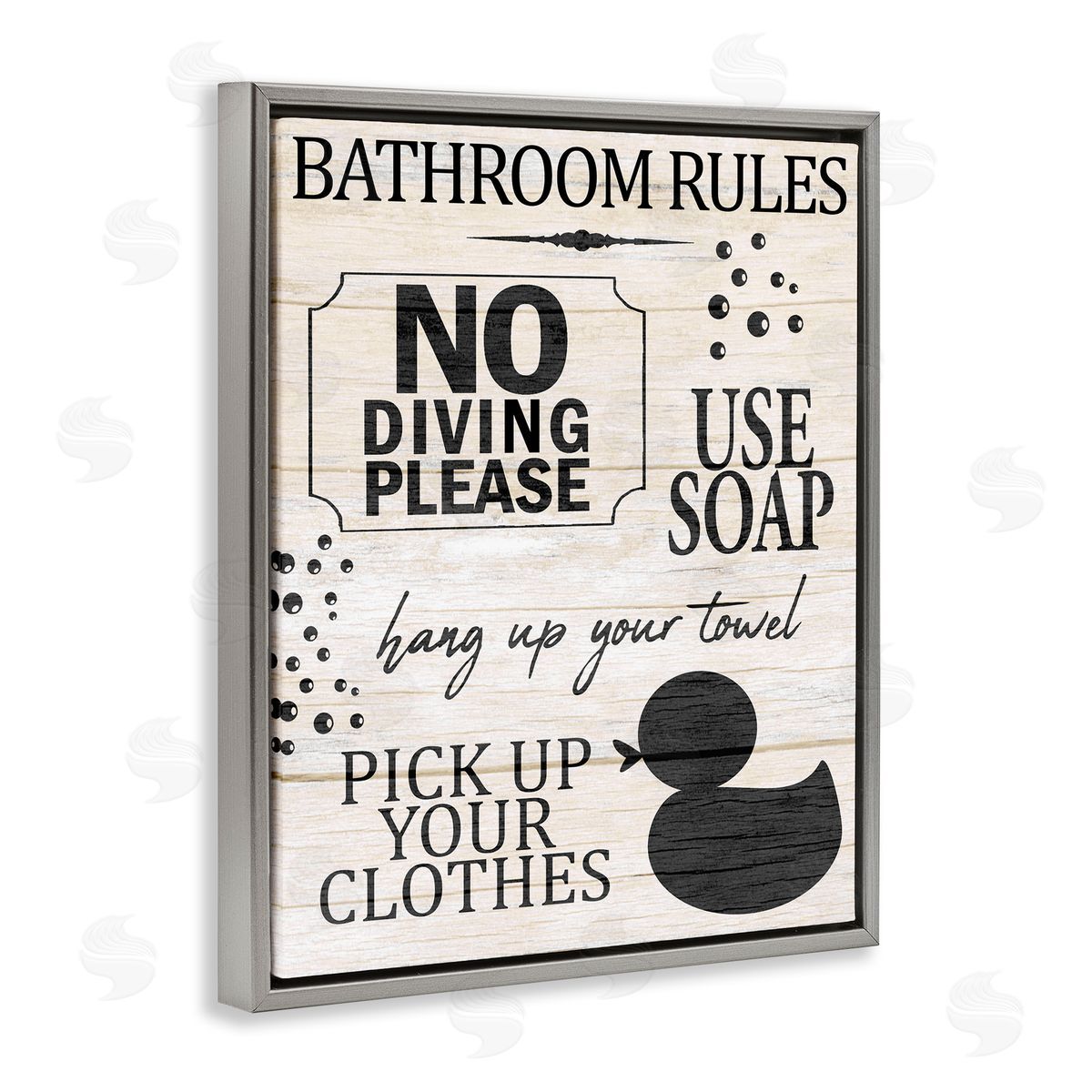 Kim Allen Bathroom Rules Rustic Grain Pattern Sign  Gray Floating Frame Canvas Wall Art Print