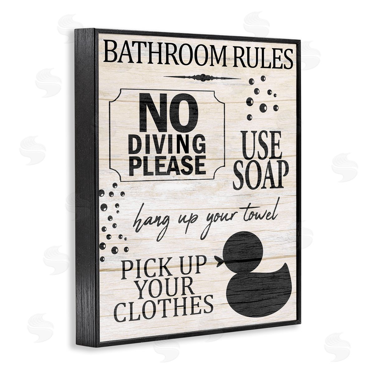 Kim Allen Bathroom Rules Rustic Grain Pattern Sign  Black Framed Giclee Wall Art Print