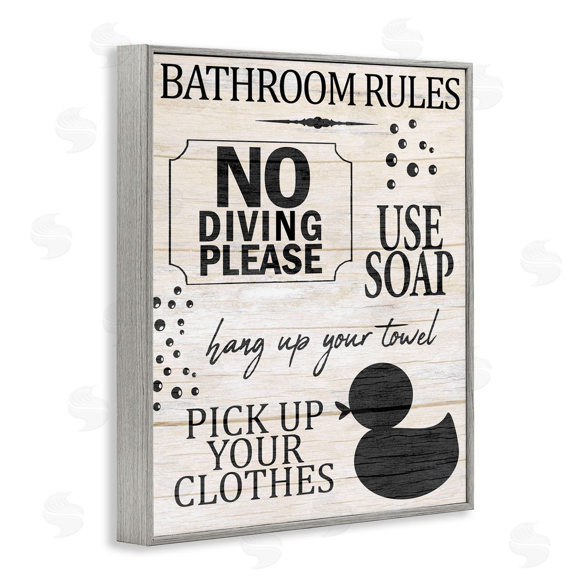 Kim Allen Bathroom Rules Rustic Grain Pattern Sign  Gray Framed Giclee Wall Art Print