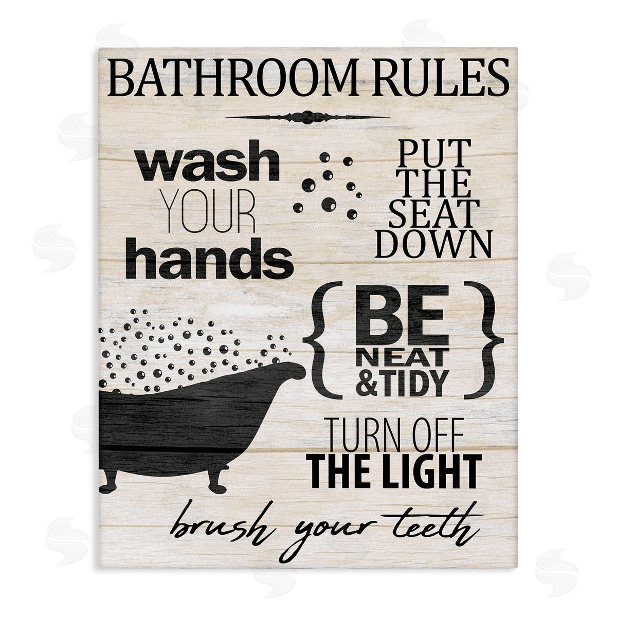 Kim Allen Rustic Bathroom Rules Sign Wash Hands Typography  Stretched Canvas Wall Art Print