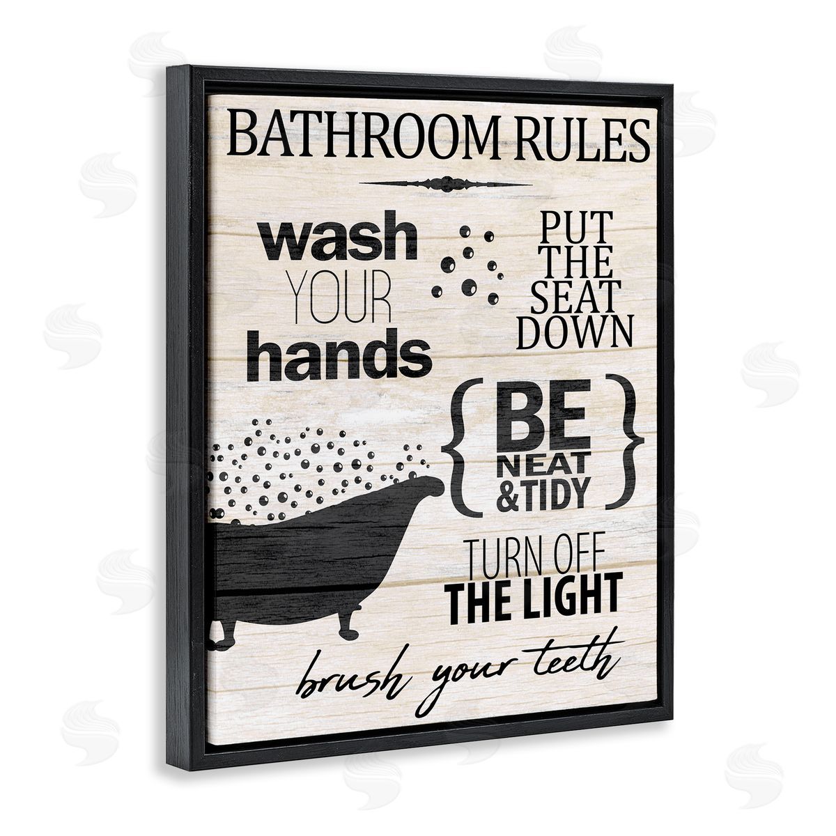 Kim Allen Rustic Bathroom Rules Sign Wash Hands Typography  Black Floating Frame Canvas Wall Art Print