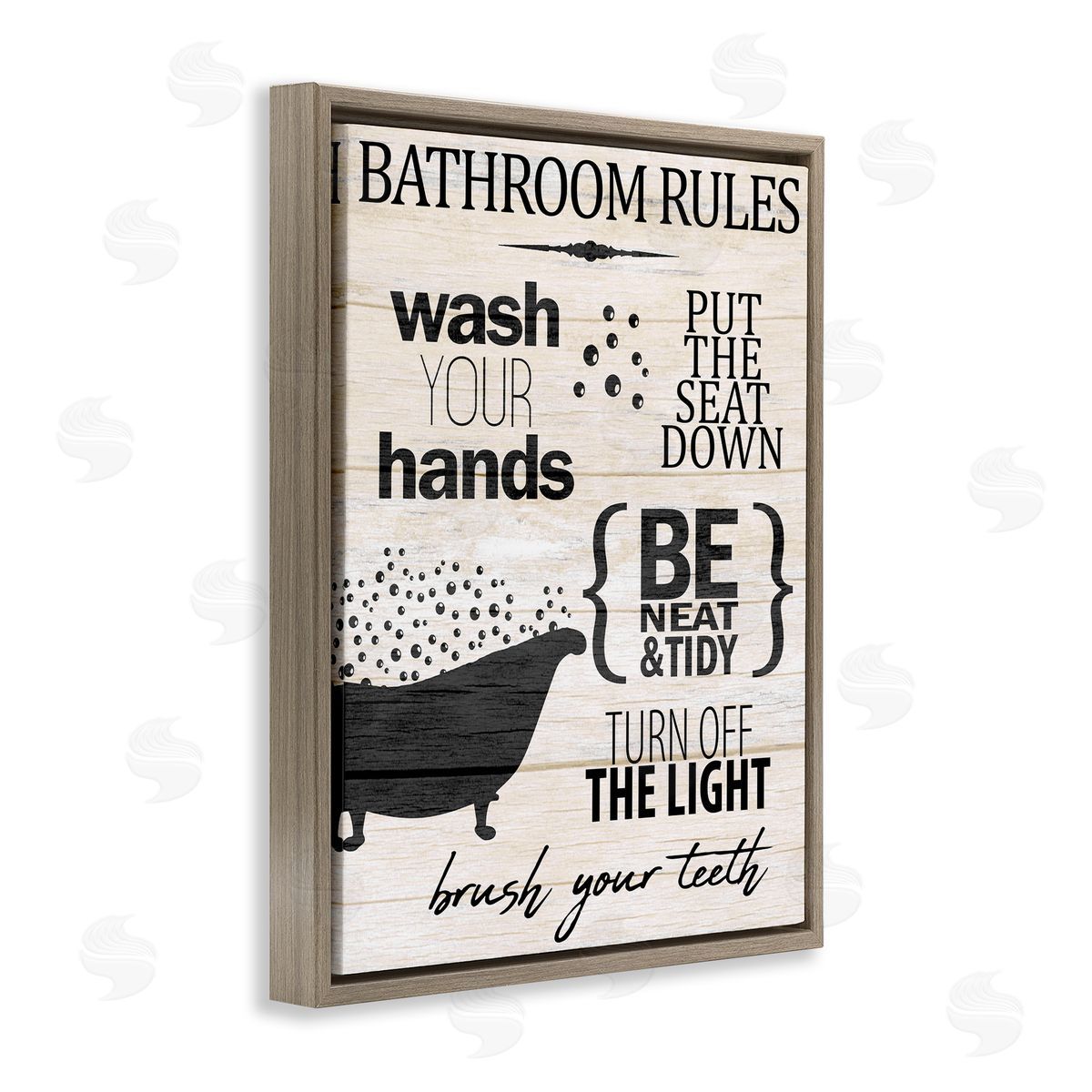 Kim Allen Rustic Bathroom Rules Sign Wash Hands Typography  Brown Floating Frame Canvas Wall Art Print