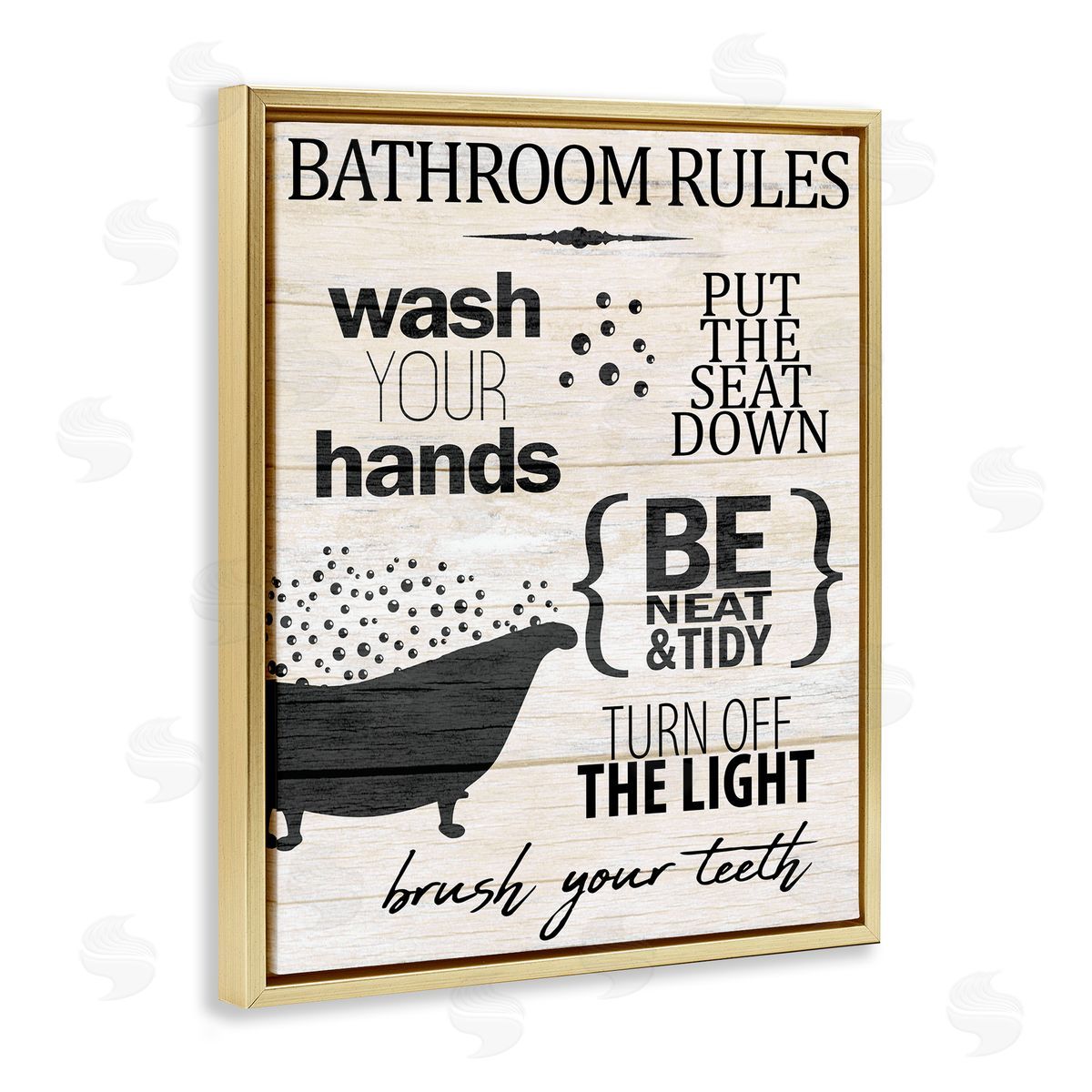 Kim Allen Rustic Bathroom Rules Sign Wash Hands Typography  Gold Floating Frame Canvas Wall Art Print