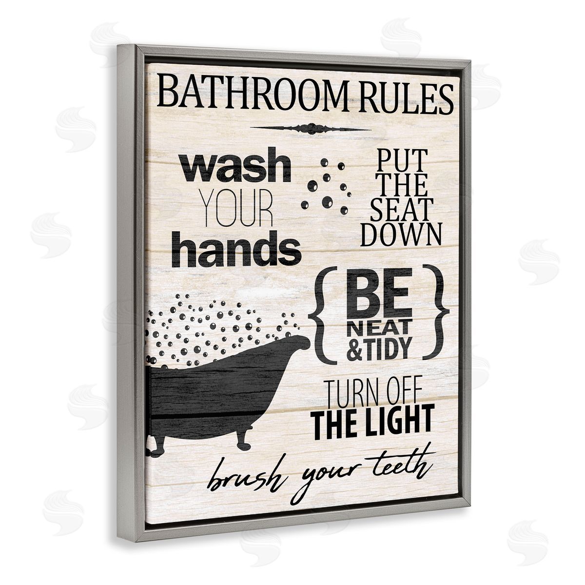 Kim Allen Rustic Bathroom Rules Sign Wash Hands Typography  Gray Floating Frame Canvas Wall Art Print