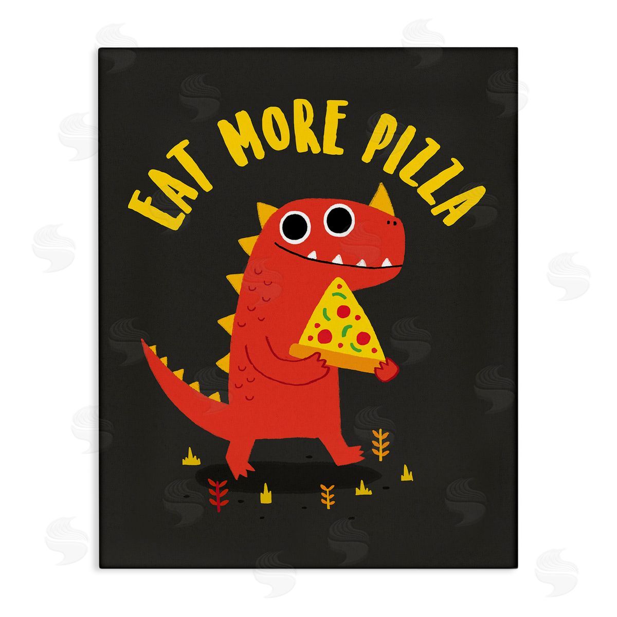 Michael Buxton Eat More Pizza Red Dragon Dinosaur Text Cartoon  Stretched Canvas Wall Art Print