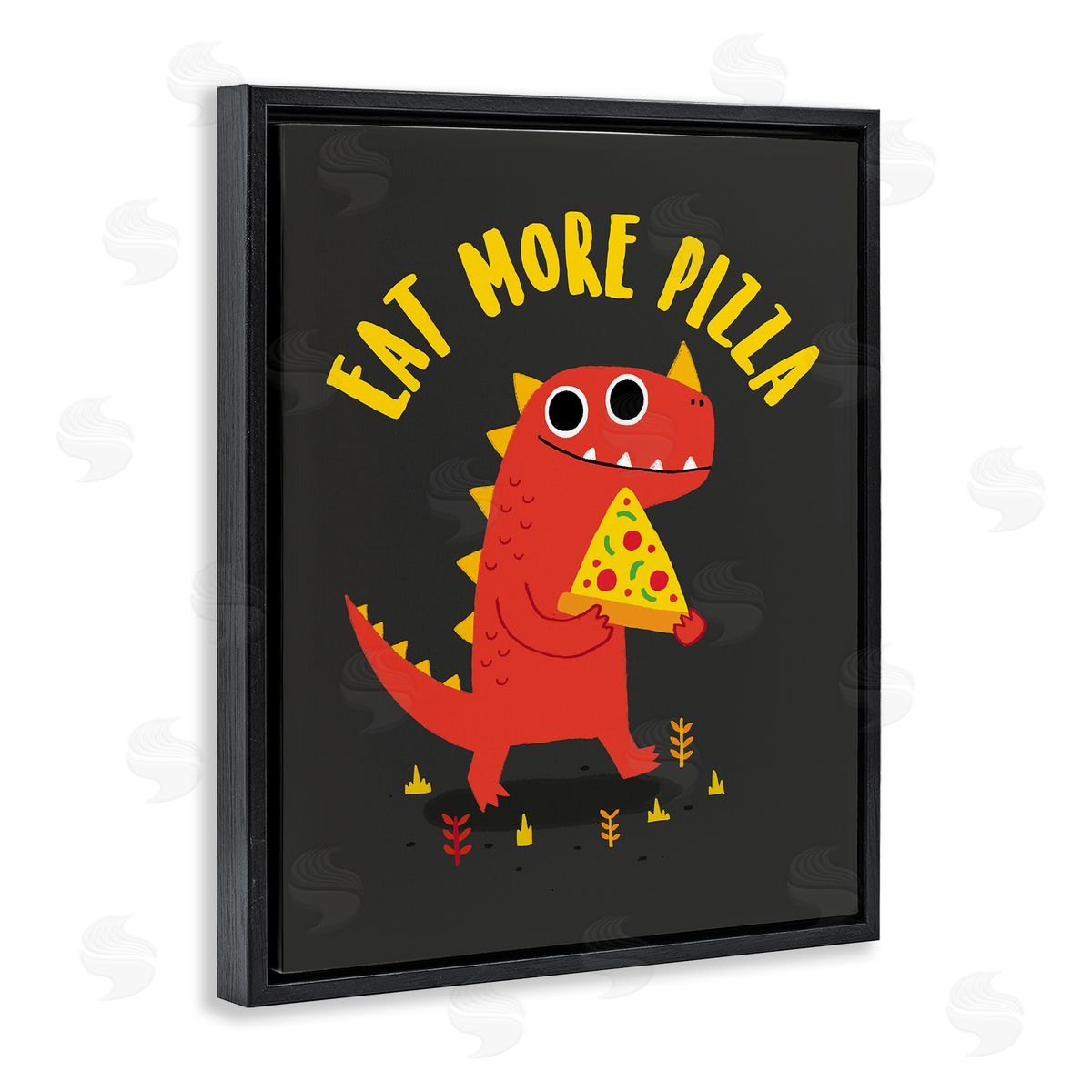 Michael Buxton Eat More Pizza Red Dragon Dinosaur Text Cartoon  Black Floating Frame Canvas Wall Art Print