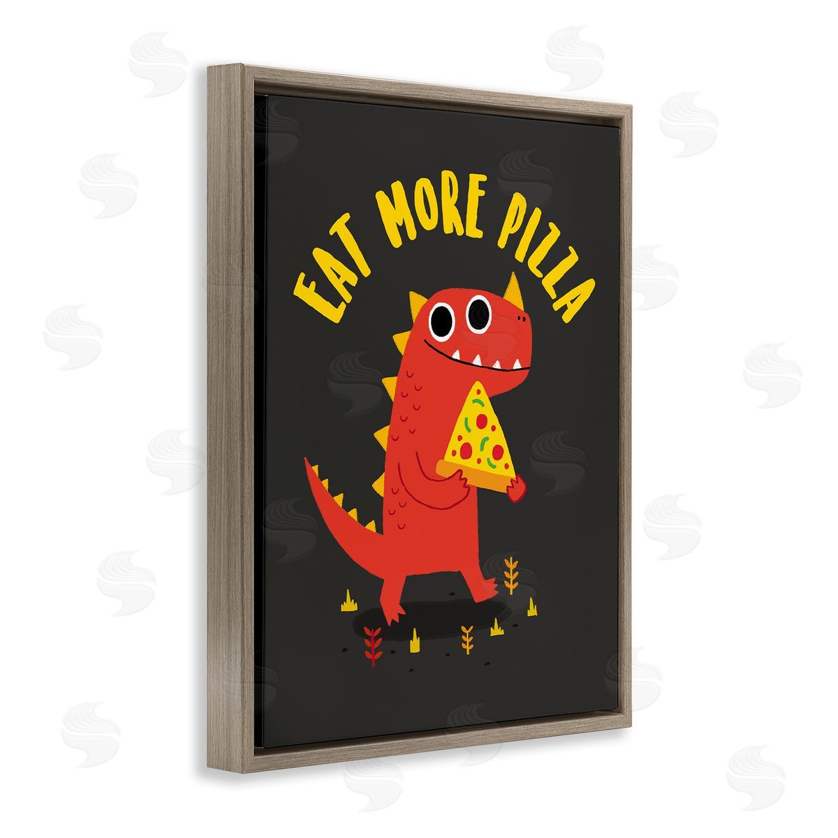 Michael Buxton Eat More Pizza Red Dragon Dinosaur Text Cartoon  Brown Floating Frame Canvas Wall Art Print