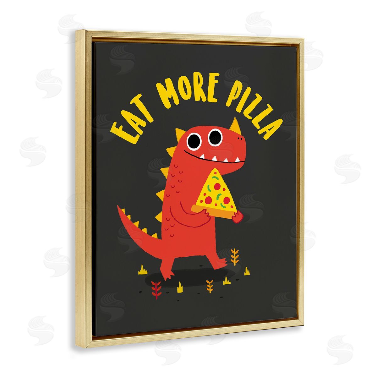 Michael Buxton Eat More Pizza Red Dragon Dinosaur Text Cartoon  Gold Floating Frame Canvas Wall Art Print