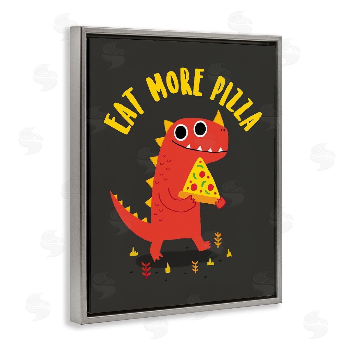 Michael Buxton Eat More Pizza Red Dragon Dinosaur Text Cartoon  Gray Floating Frame Canvas Wall Art Print