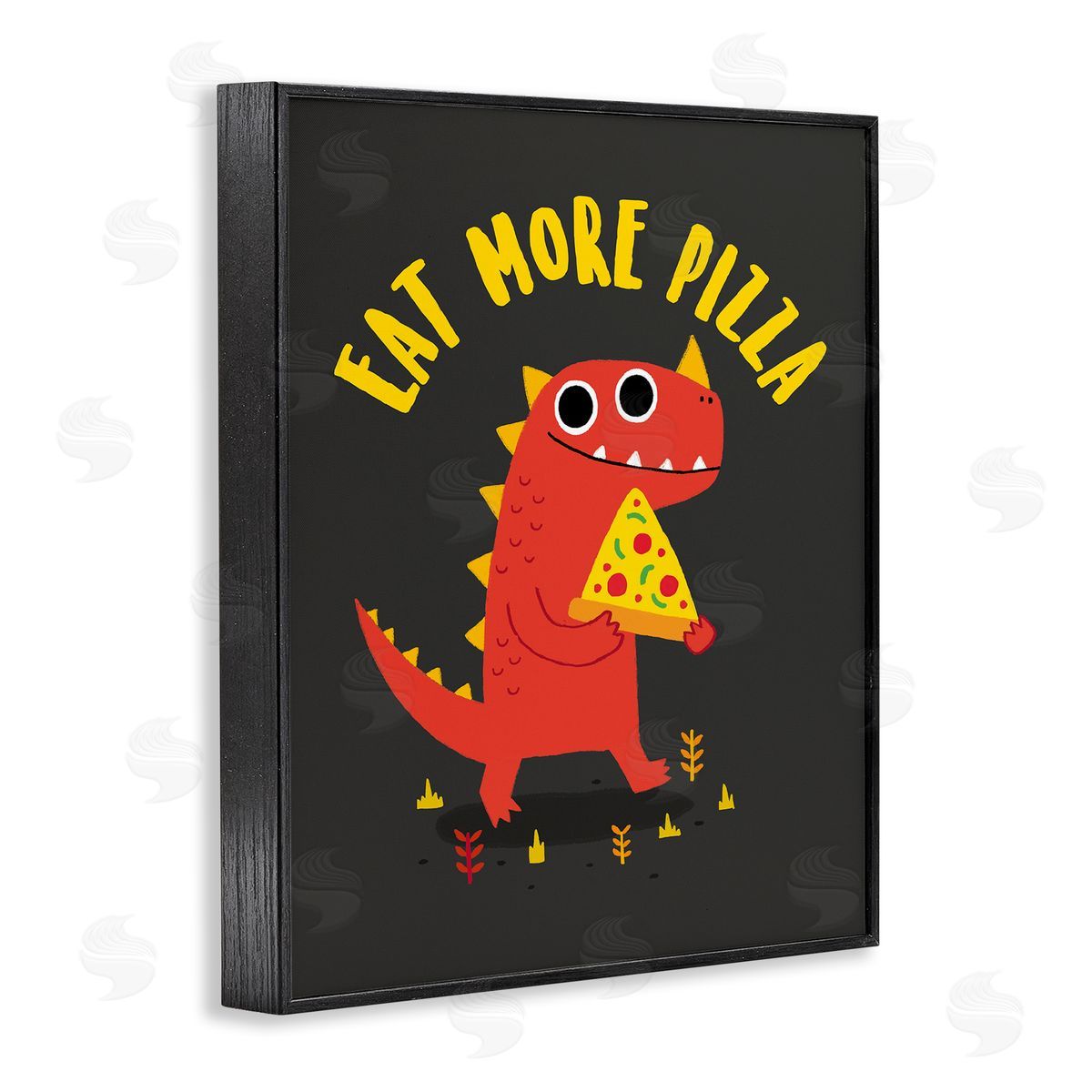 Michael Buxton Eat More Pizza Red Dragon Dinosaur Text Cartoon  Black Framed Giclee Wall Art Print