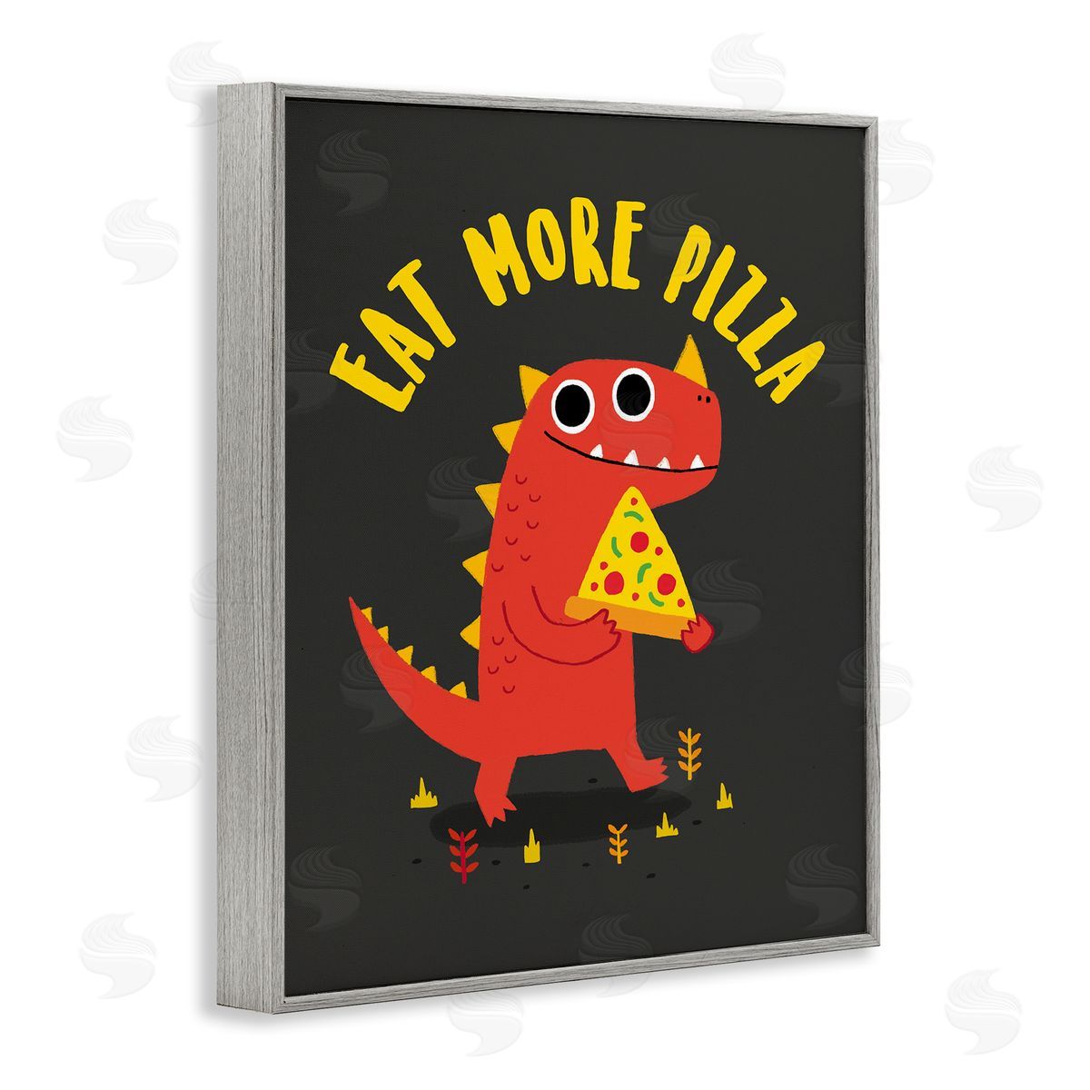 Michael Buxton Eat More Pizza Red Dragon Dinosaur Text Cartoon  Gray Framed Giclee Wall Art Print