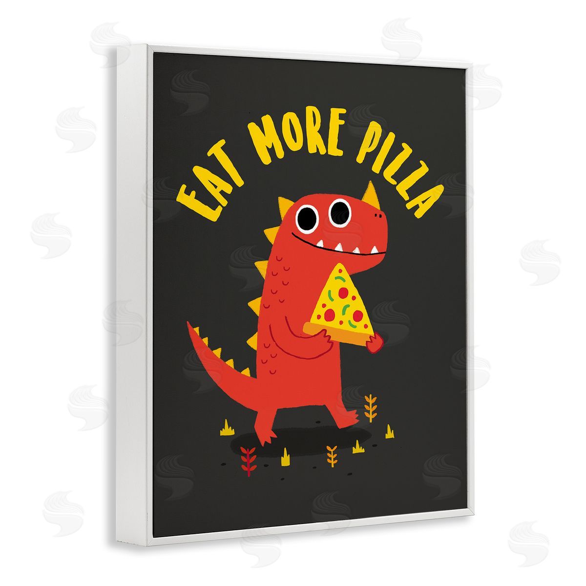 Michael Buxton Eat More Pizza Red Dragon Dinosaur Text Cartoon  White Framed Giclee Wall Art Print