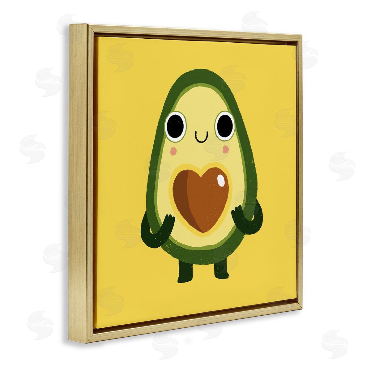 Michael Buxton Endearing Avocado Heart Shape Seed Smiling Cartoon Gold Floating Frame Canvas Wall Art Print