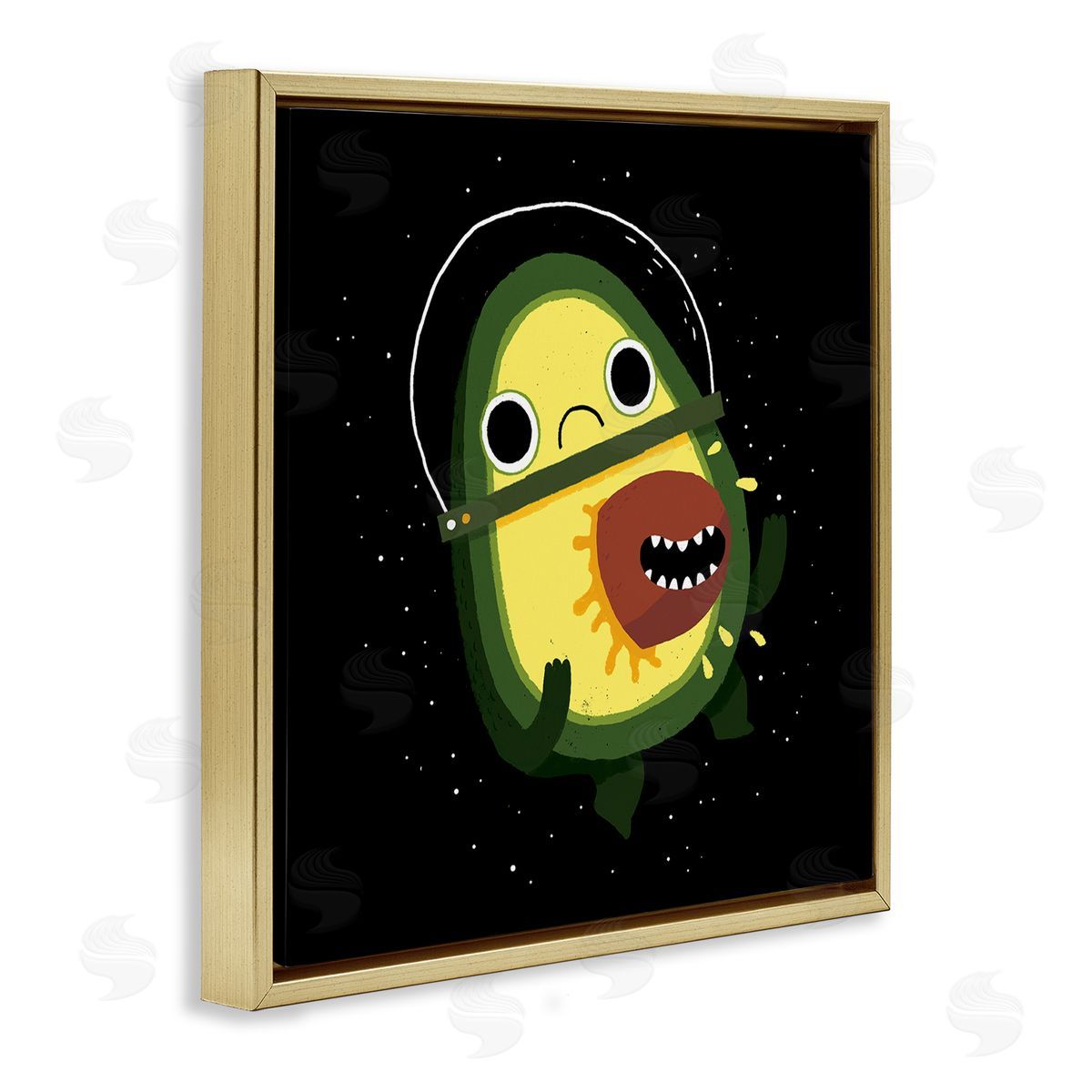 Michael Buxton Green Frowning Avocado Seed Outer Space Astronaut  Gold Floating Frame Canvas Wall Art Print