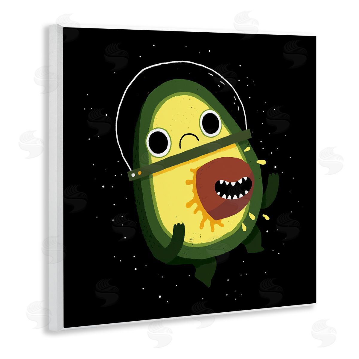 Michael Buxton Green Frowning Avocado Seed Outer Space Astronaut  Wooden Wall Plaque Art Print