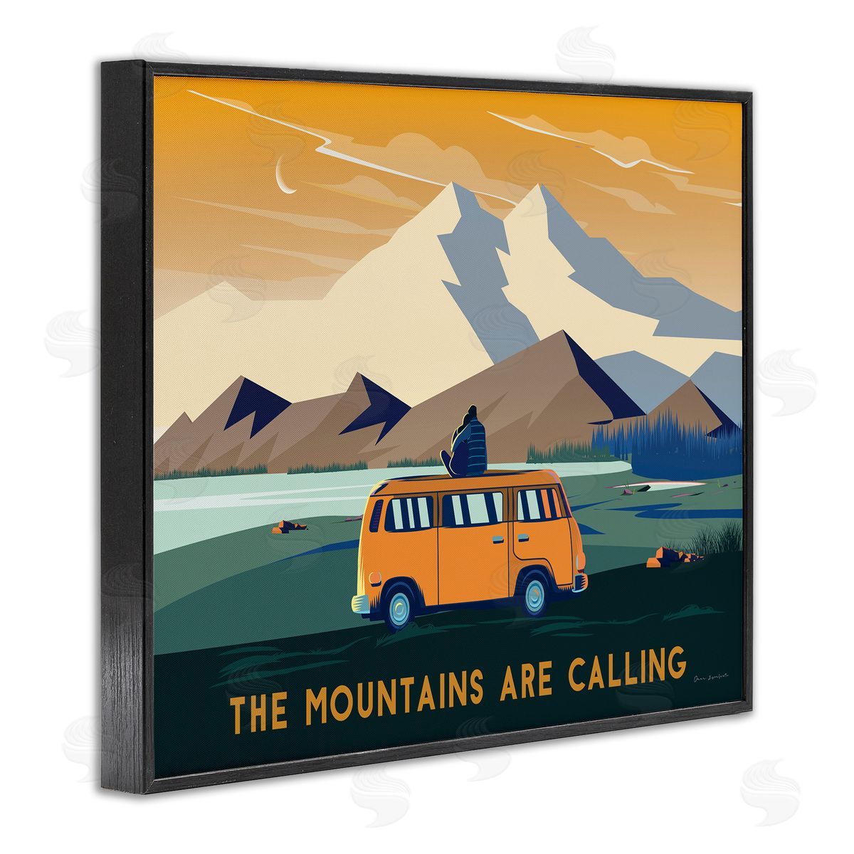 Omar Escalante Mountains Are Calling Bold Orange Van Travel Explore Quote  Black Framed Giclee Wall Art Print