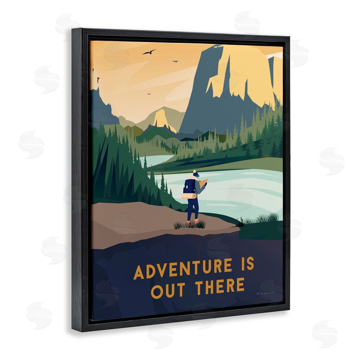 Omar Escalante Adventure Quote Mountain Canyon Hiking Person Illustration  Black Floating Frame Canvas Wall Art Print