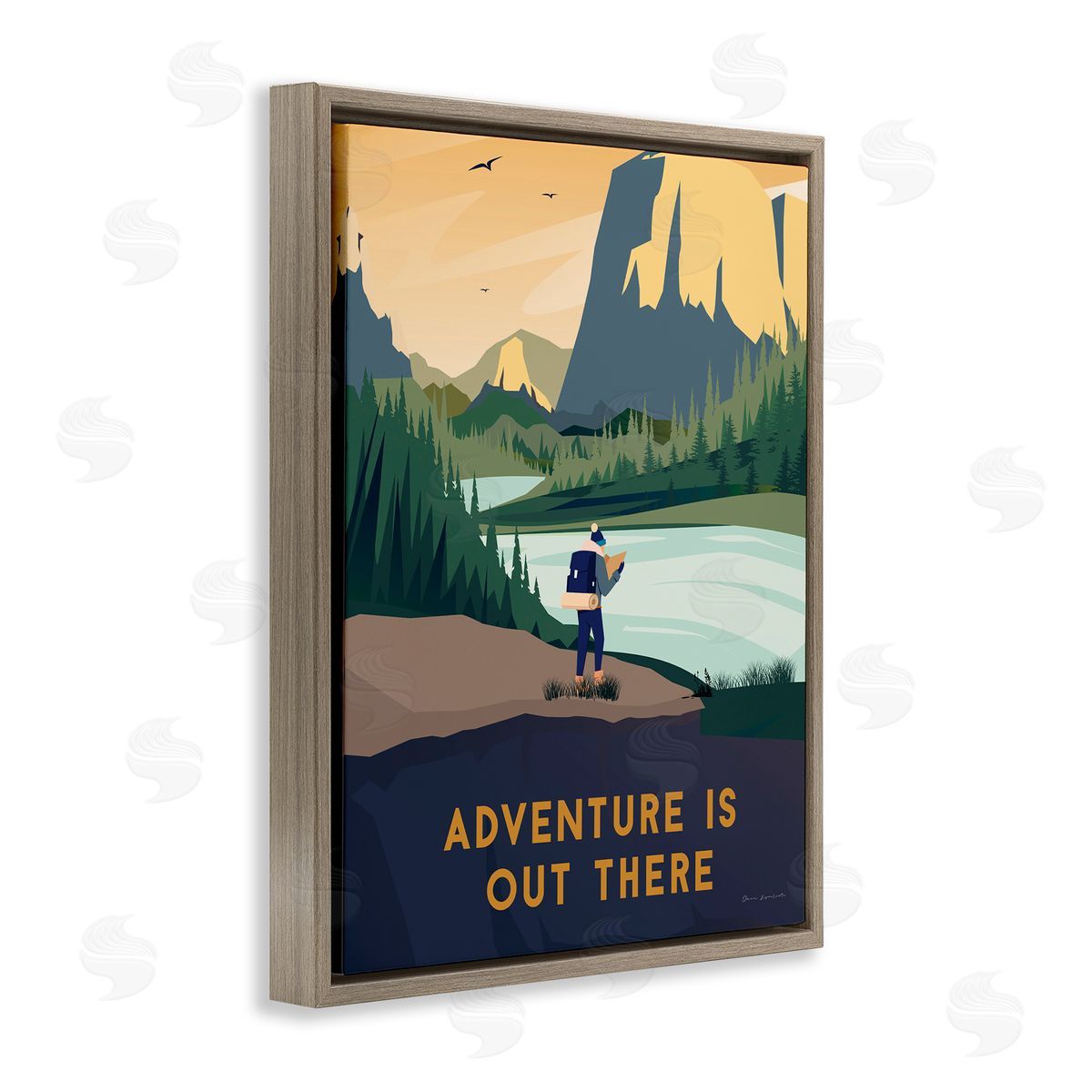 Omar Escalante Adventure Quote Mountain Canyon Hiking Person Illustration  Brown Floating Frame Canvas Wall Art Print