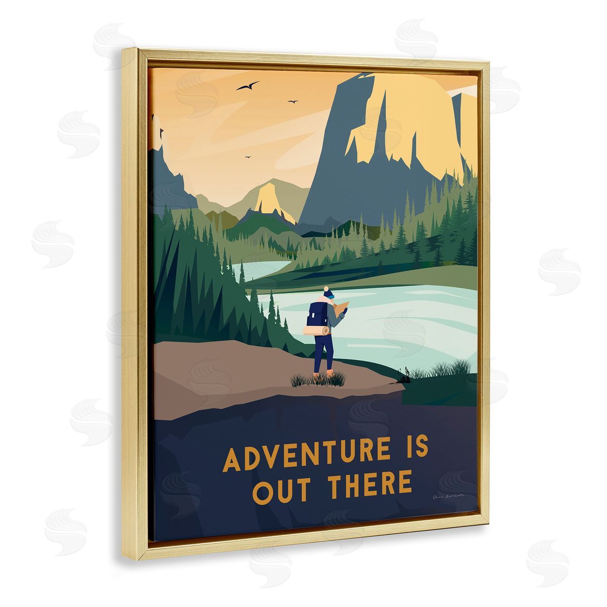 Omar Escalante Adventure Quote Mountain Canyon Hiking Person Illustration  Gold Floating Frame Canvas Wall Art Print