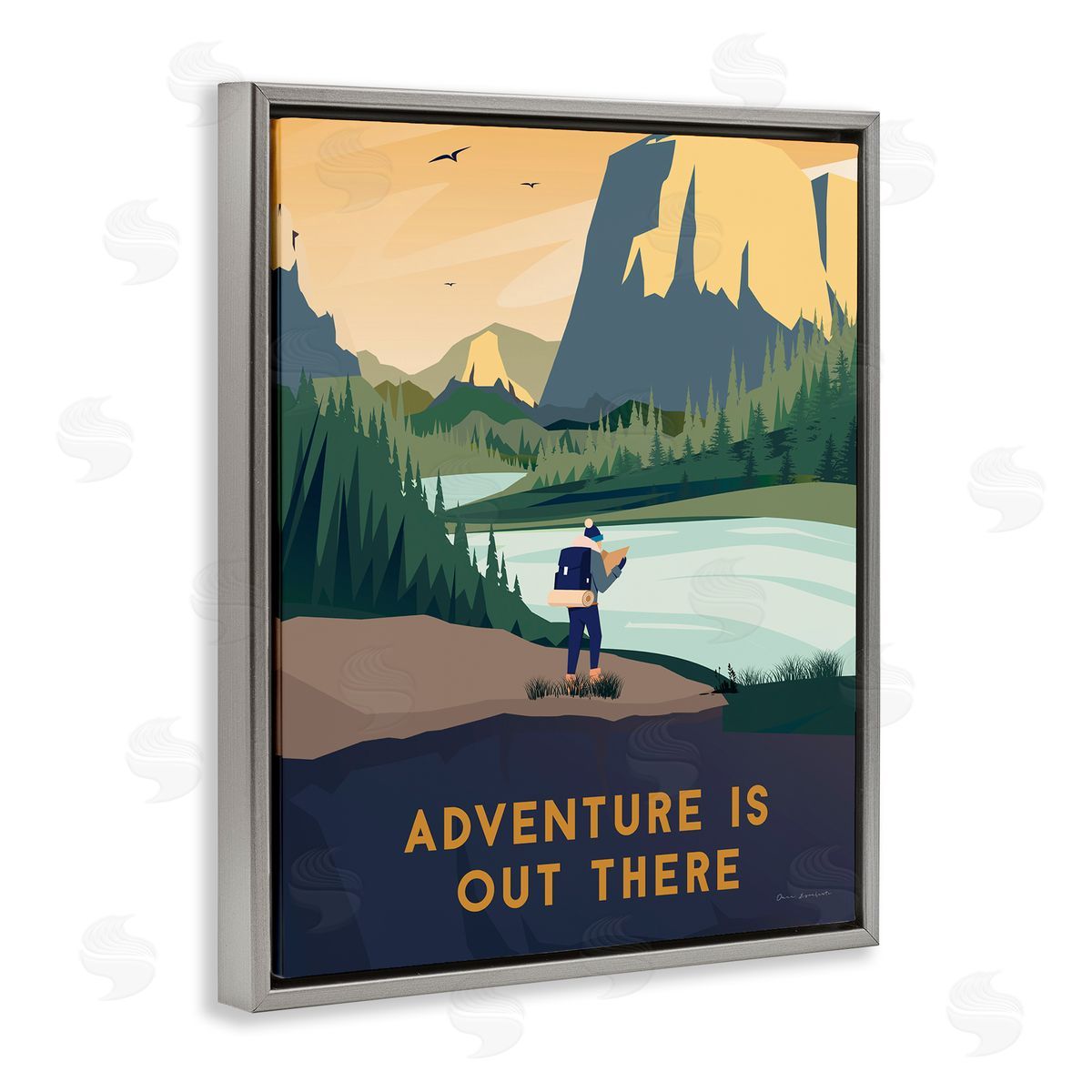 Omar Escalante Adventure Quote Mountain Canyon Hiking Person Illustration  Gray Floating Frame Canvas Wall Art Print