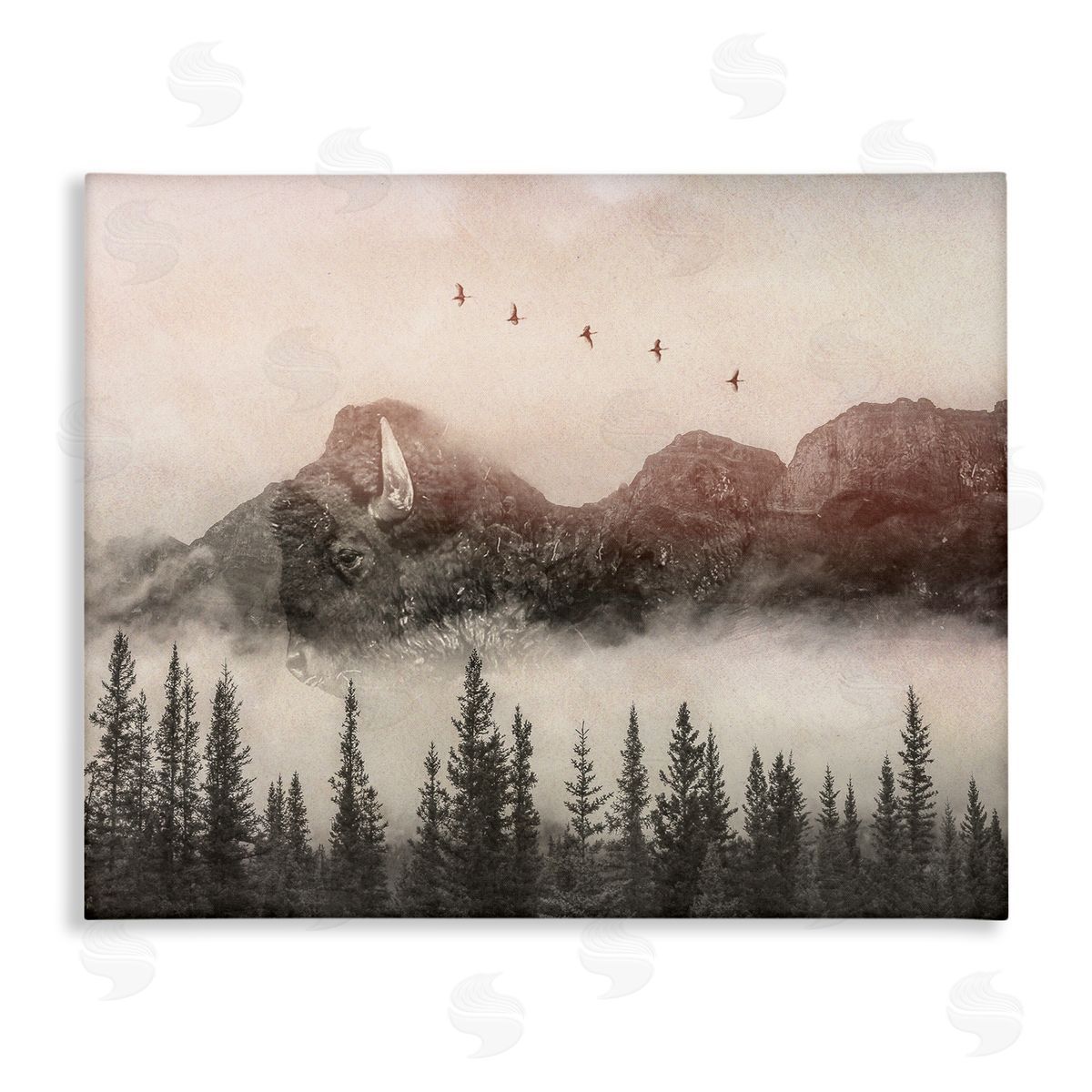 Daniel Sproul Foggy Weather Mountain Landscape Birds Pine Trees  Stretched Canvas Wall Art Print