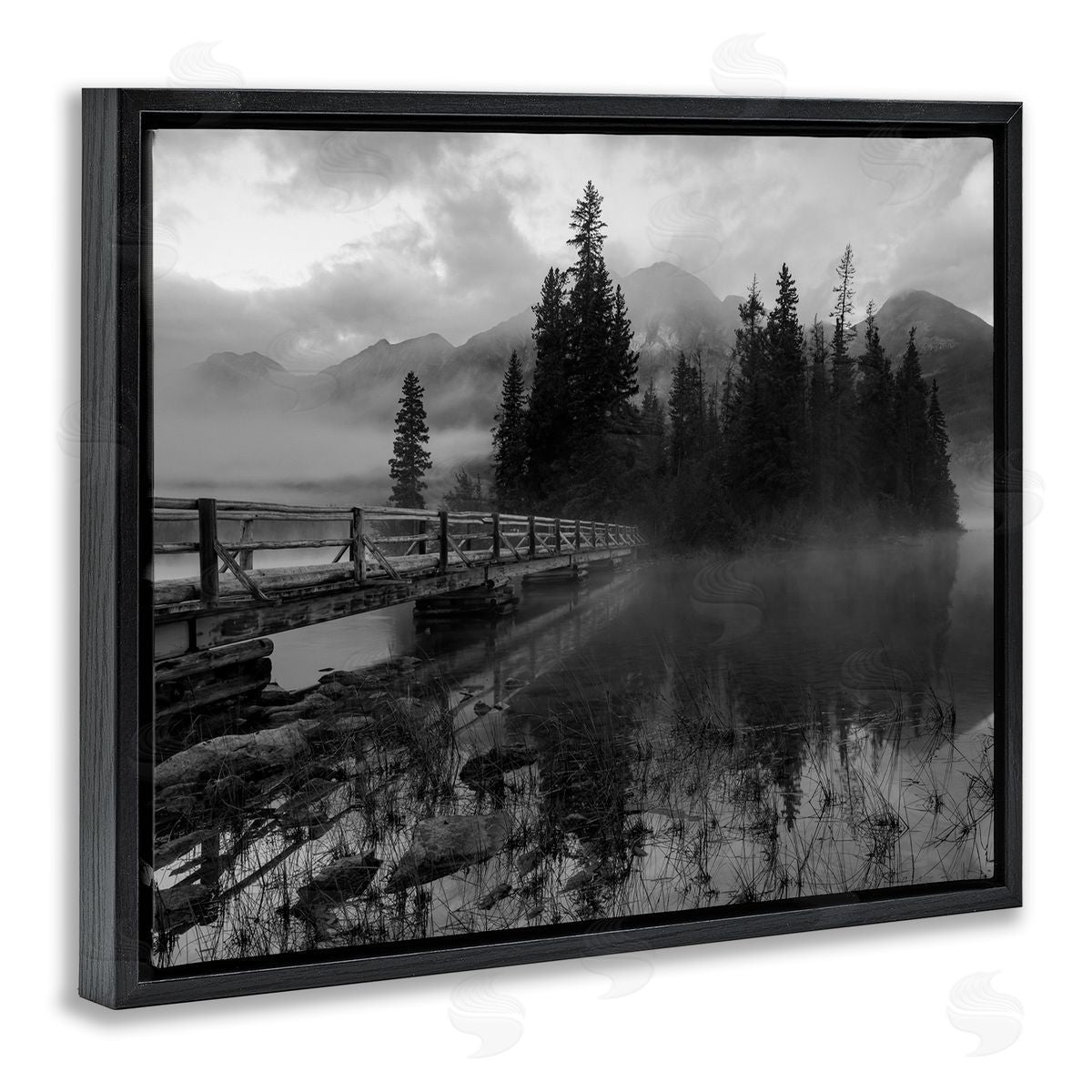 Daniel Sproul Black & White Cloudy Scenery Lake Bridge Foggy Mountains  Black Floating Frame Canvas Wall Art Print