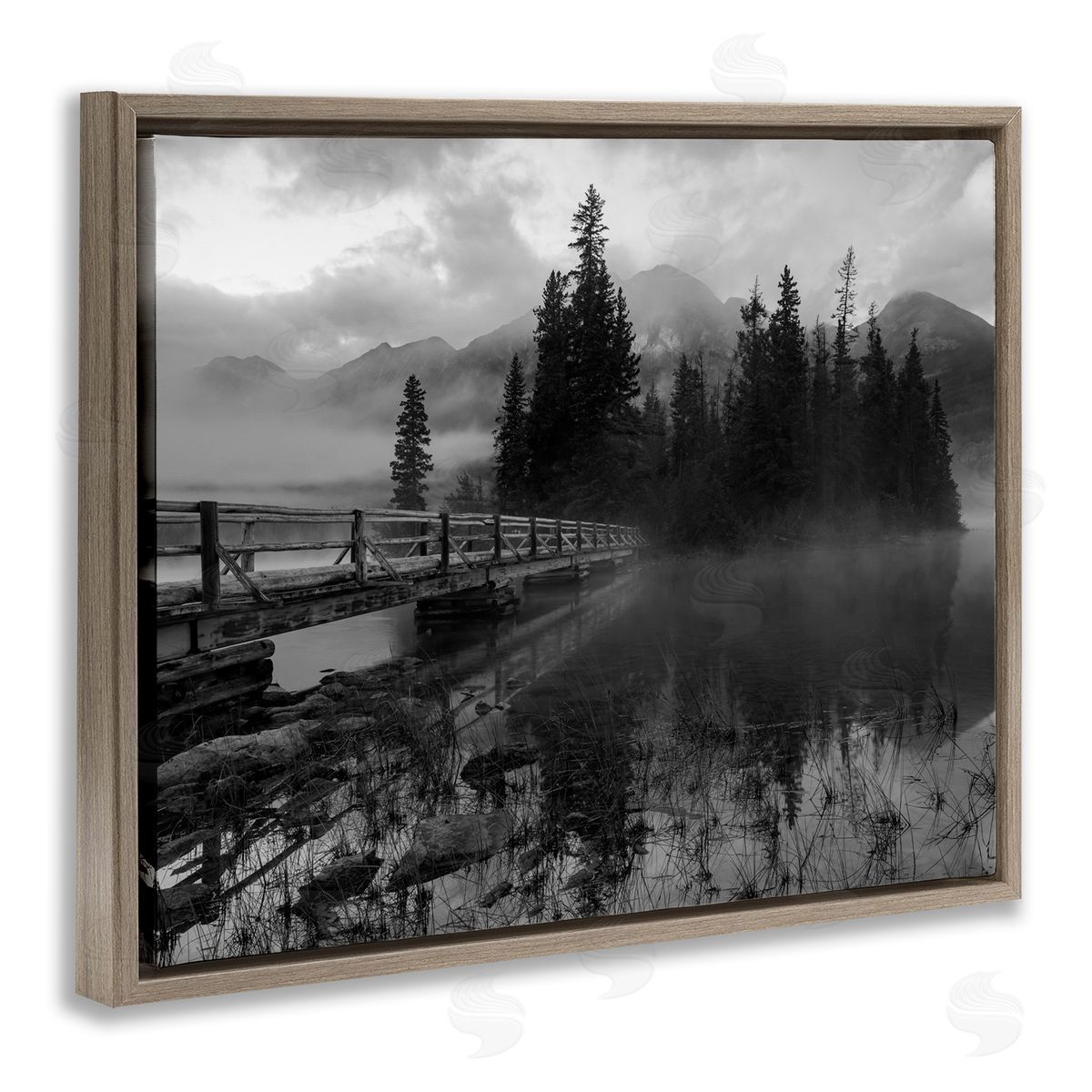 Daniel Sproul Black & White Cloudy Scenery Lake Bridge Foggy Mountains  Brown Floating Frame Canvas Wall Art Print