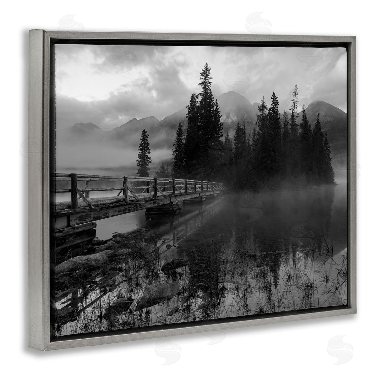 Daniel Sproul Black & White Cloudy Scenery Lake Bridge Foggy Mountains  Gray Floating Frame Canvas Wall Art Print
