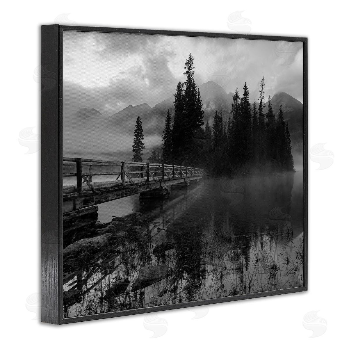 Daniel Sproul Black & White Cloudy Scenery Lake Bridge Foggy Mountains  Black Framed Giclee Wall Art Print