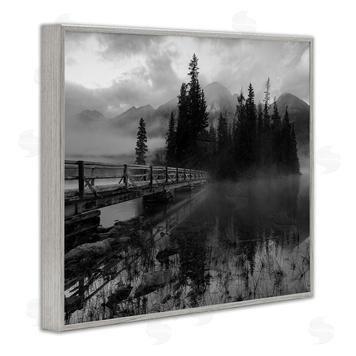 Daniel Sproul Black & White Cloudy Scenery Lake Bridge Foggy Mountains  Gray Framed Giclee Wall Art Print