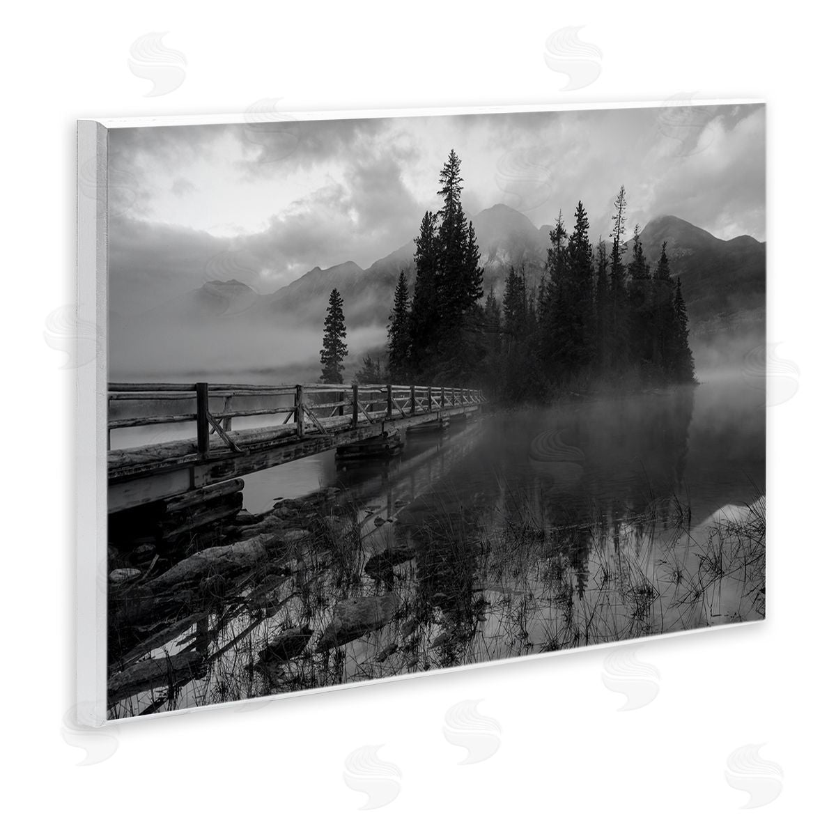 Daniel Sproul Black & White Cloudy Scenery Lake Bridge Foggy Mountains  Wall Plaque Art Print