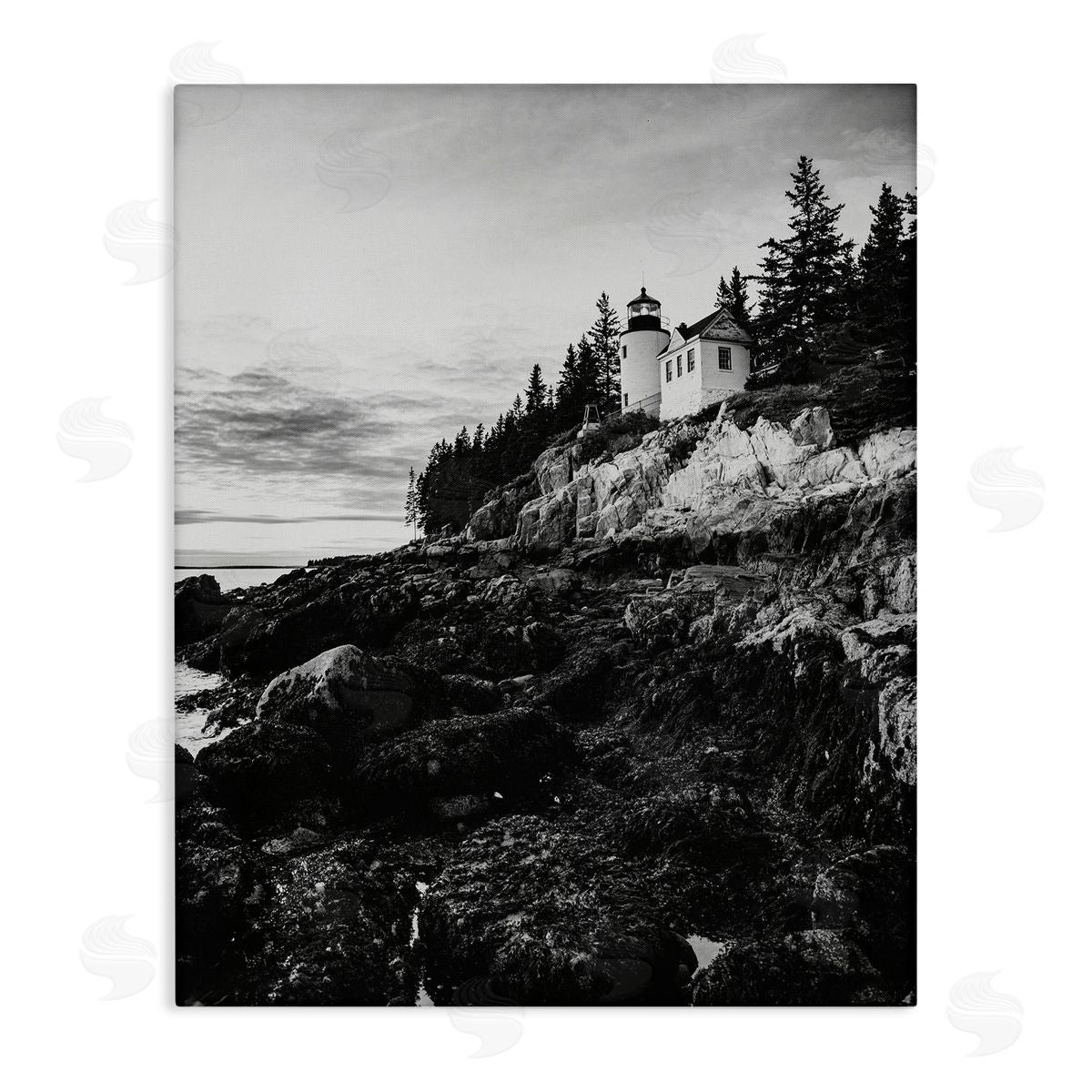 Daniel Sproul Monochrome Rocky Shoreline Beach Clouds Lighthouse Photography Stretched Canvas Wall Art Print