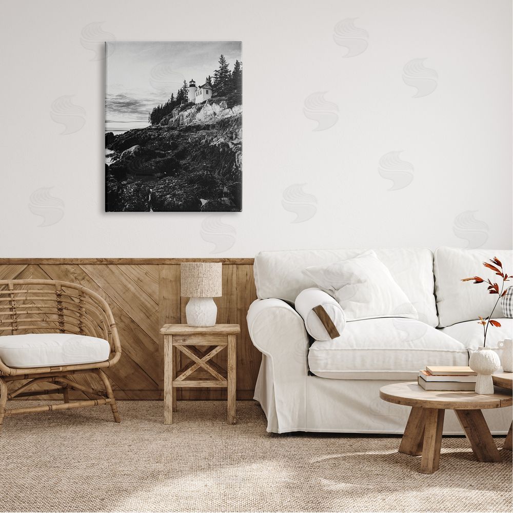 Daniel Sproul Monochrome Rocky Shoreline Beach Clouds Lighthouse Photography Canvas Wall Art Print in Room