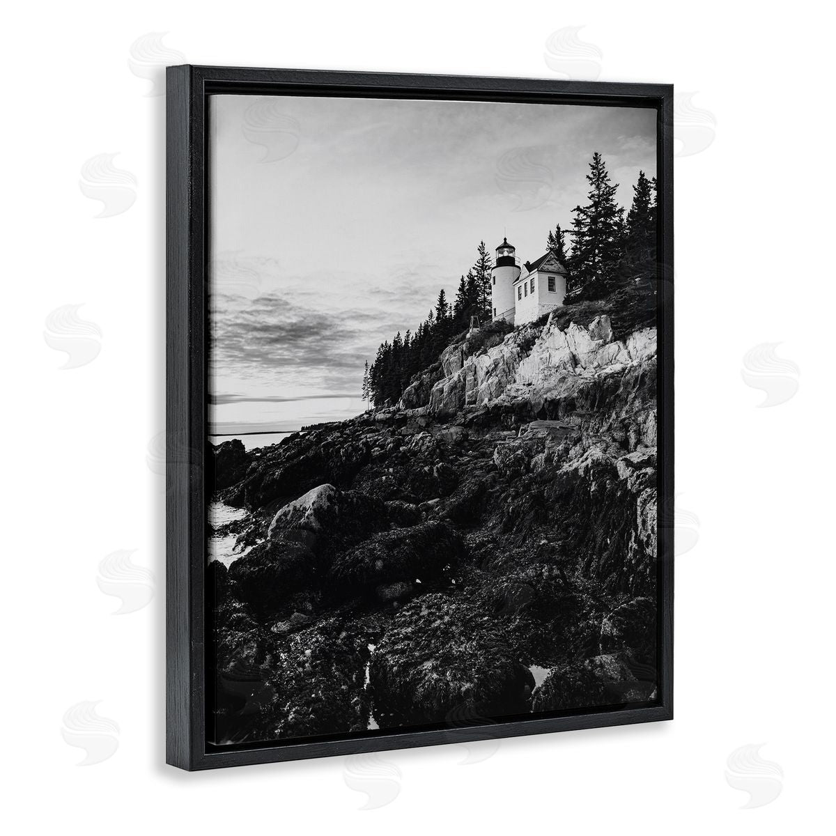 Daniel Sproul Monochrome Rocky Shoreline Beach Clouds Lighthouse Photography Black Floating Frame Canvas Wall Art Print