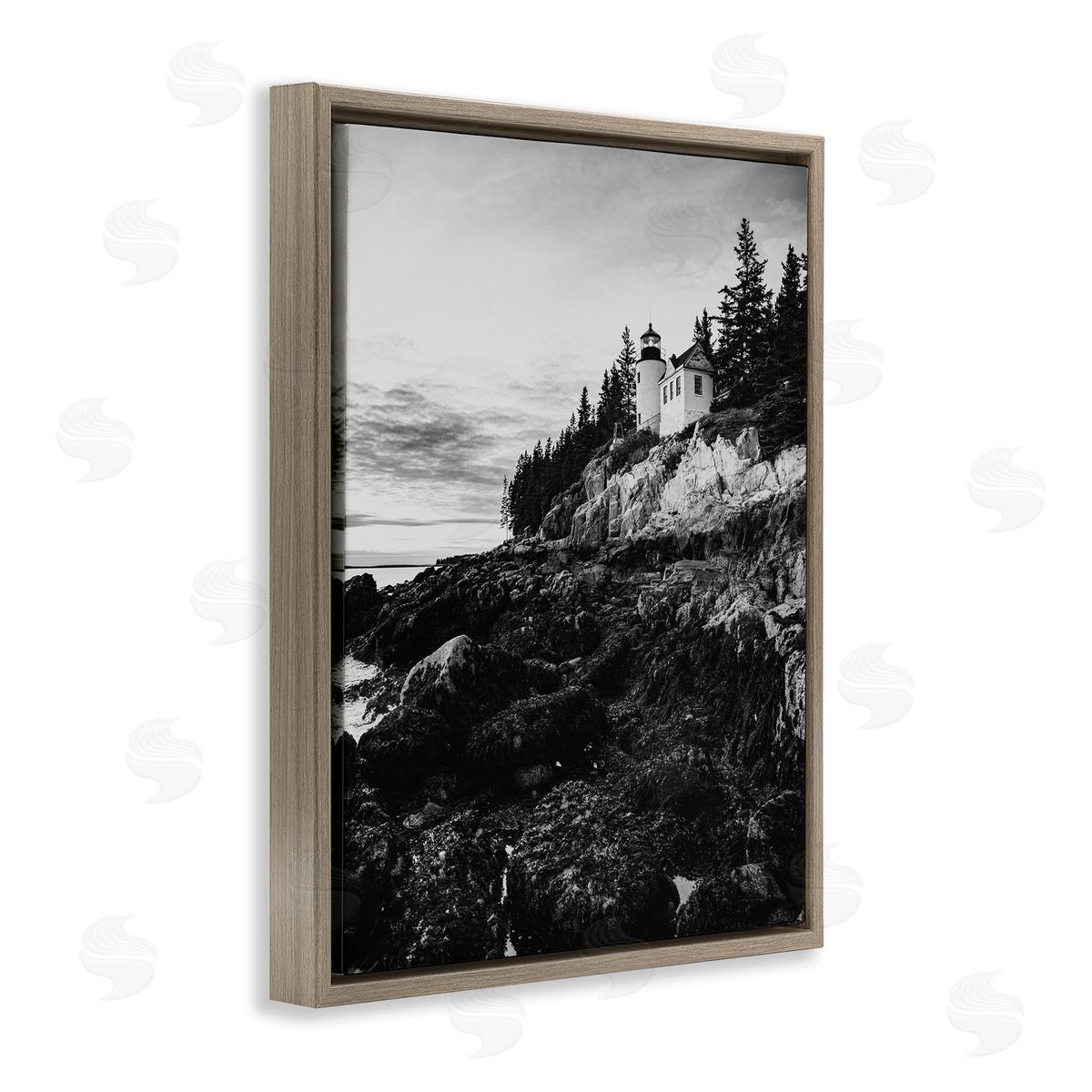 Daniel Sproul Monochrome Rocky Shoreline Beach Clouds Lighthouse Photography Brown Floating Frame Canvas Wall Art Print