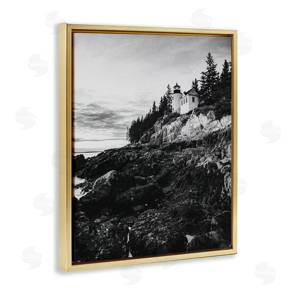 Daniel Sproul Monochrome Rocky Shoreline Beach Clouds Lighthouse Photography Gold Floating Frame Canvas Wall Art Print