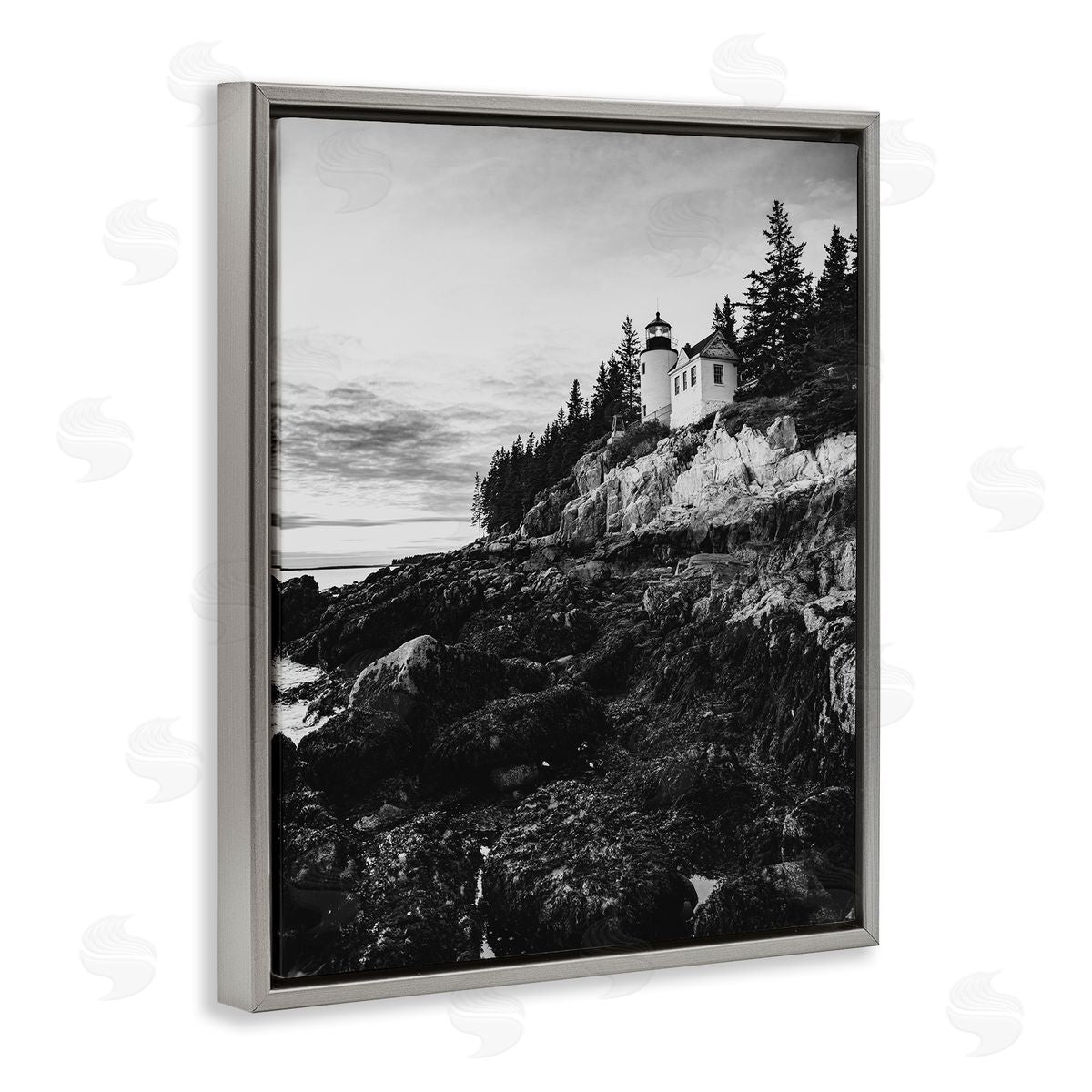 Daniel Sproul Monochrome Rocky Shoreline Beach Clouds Lighthouse Photography Gray Floating Frame Canvas Wall Art Print