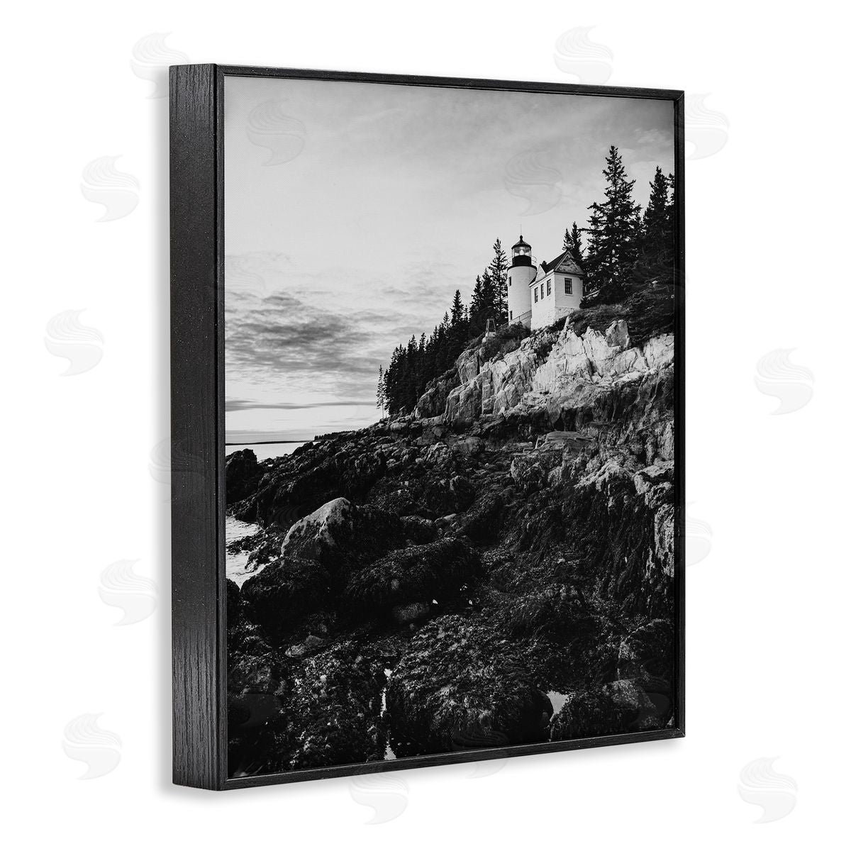 Daniel Sproul Monochrome Rocky Shoreline Beach Clouds Lighthouse Photography Black Framed Giclee Wall Art Print