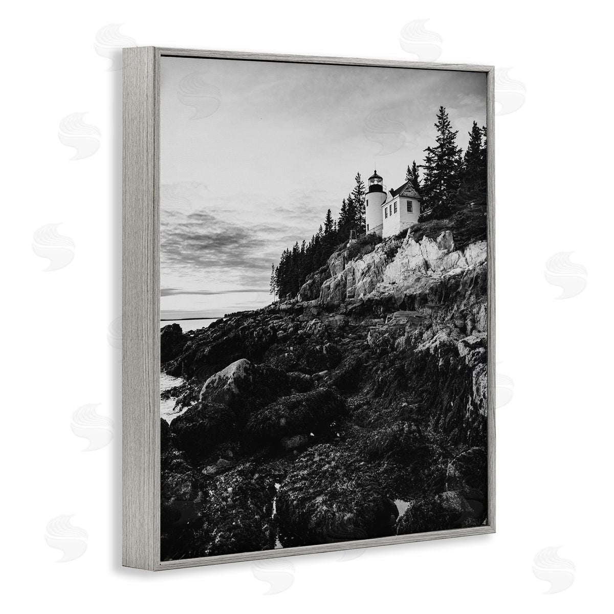 Daniel Sproul Monochrome Rocky Shoreline Beach Clouds Lighthouse Photography Gray Framed Giclee Wall Art Print