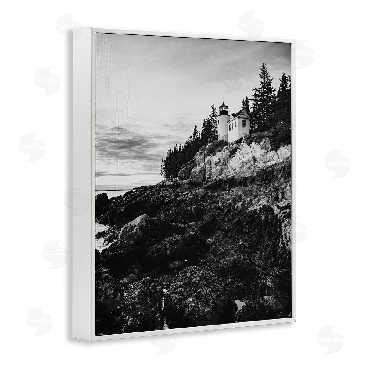 Daniel Sproul Monochrome Rocky Shoreline Beach Clouds Lighthouse Photography White Framed Giclee Wall Art Print