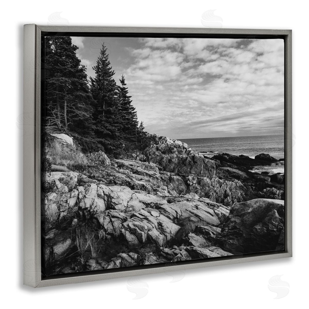 Daniel Sproul Rocky Ocean Water Cloudy Coast Monochrome Nature  Gray Floating Frame Canvas Wall Art Print