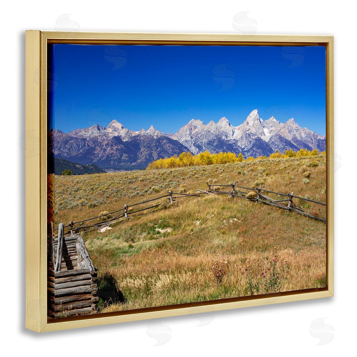 Daniel Sproul Panoramic Mountain Peaks Countryside Fence Grassland Field  Gold Floating Frame Canvas Wall Art Print