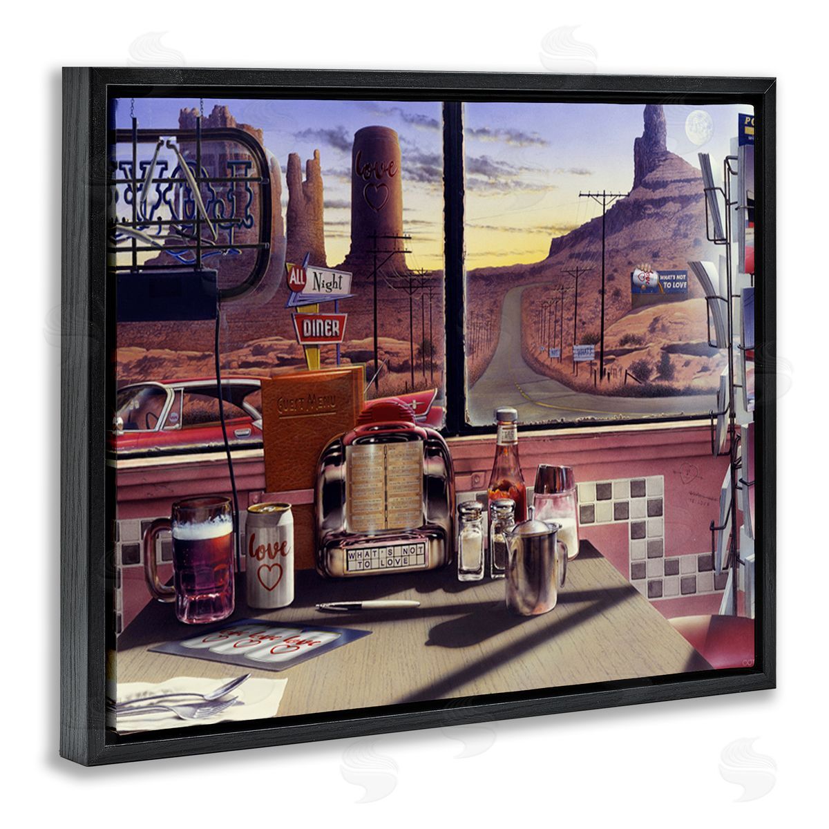 Jadei Graphics Quirky Canyon Diner Surreal Scenery Postcards Table Black Floating Frame Canvas Wall Art Print