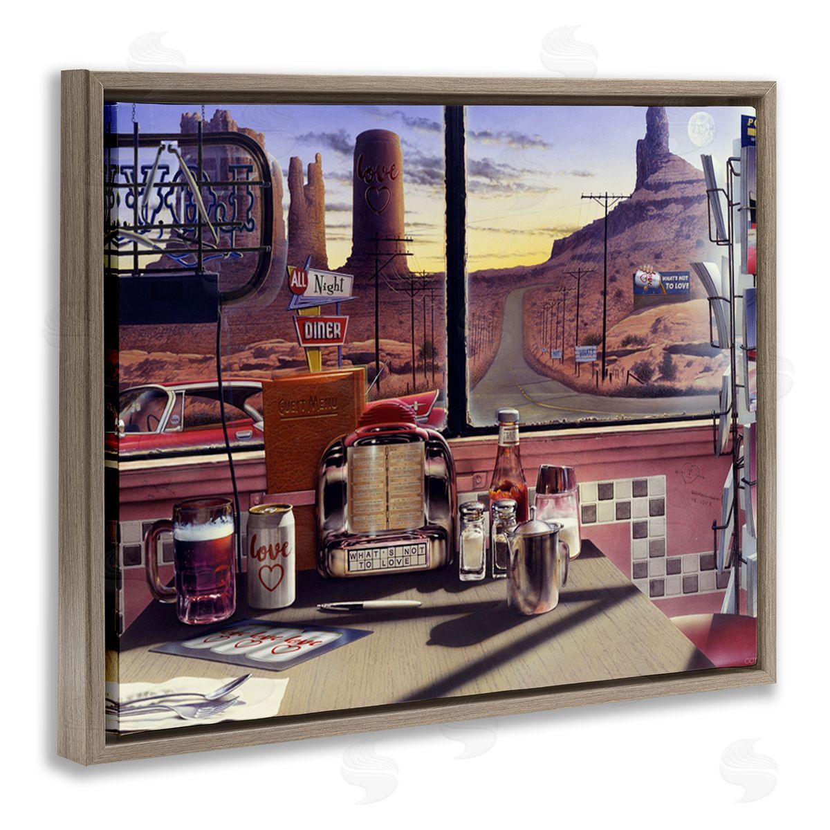Jadei Graphics Quirky Canyon Diner Surreal Scenery Postcards Table Brown Floating Frame Canvas Wall Art Print