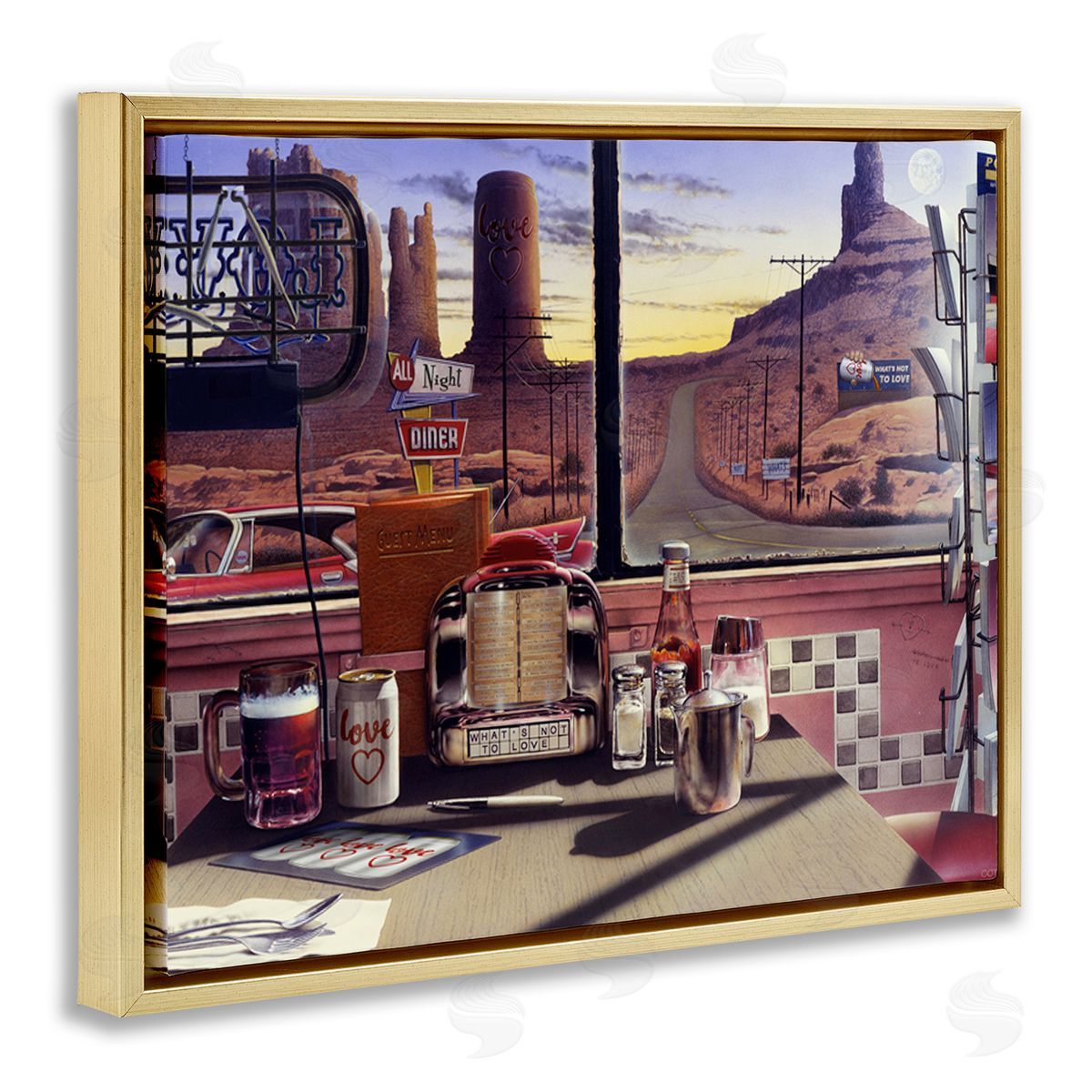 Jadei Graphics Quirky Canyon Diner Surreal Scenery Postcards Table Gold Floating Frame Canvas Wall Art Print