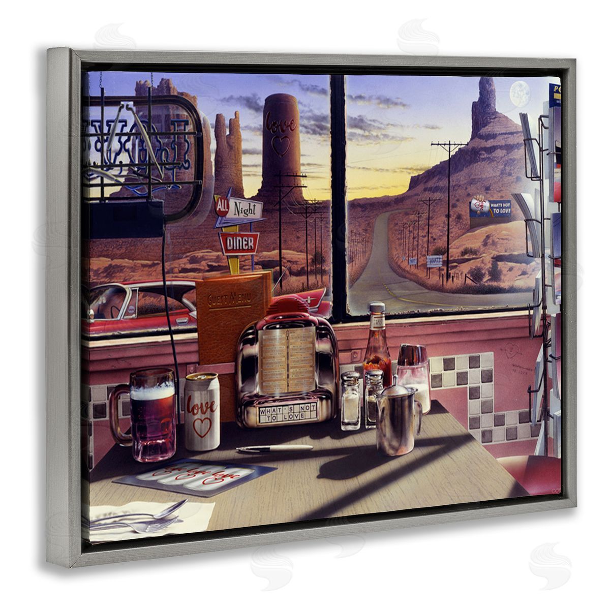 Jadei Graphics Quirky Canyon Diner Surreal Scenery Postcards Table Gray Floating Frame Canvas Wall Art Print