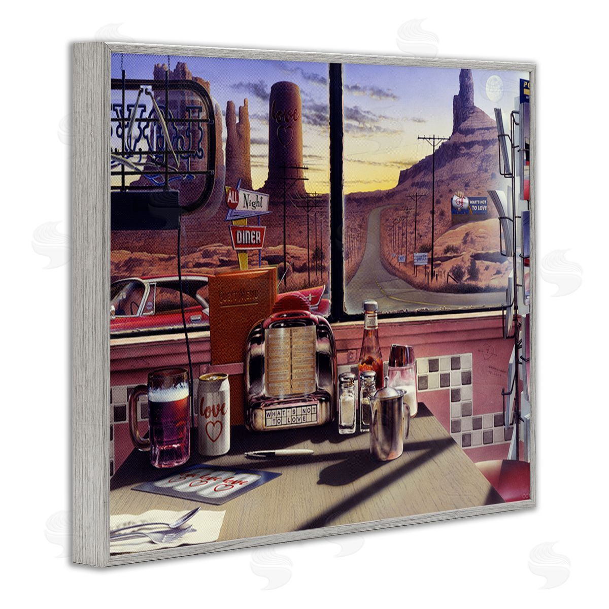 Jadei Graphics Quirky Canyon Diner Surreal Scenery Postcards Table Gray Framed Giclee Wall Art Print