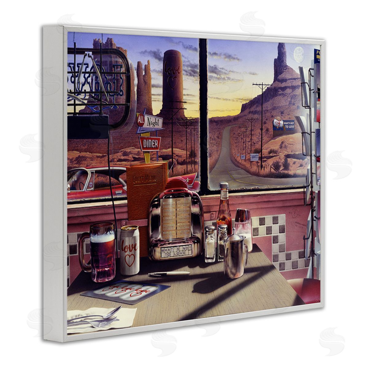 Jadei Graphics Quirky Canyon Diner Surreal Scenery Postcards Table White Framed Giclee Wall Art Print