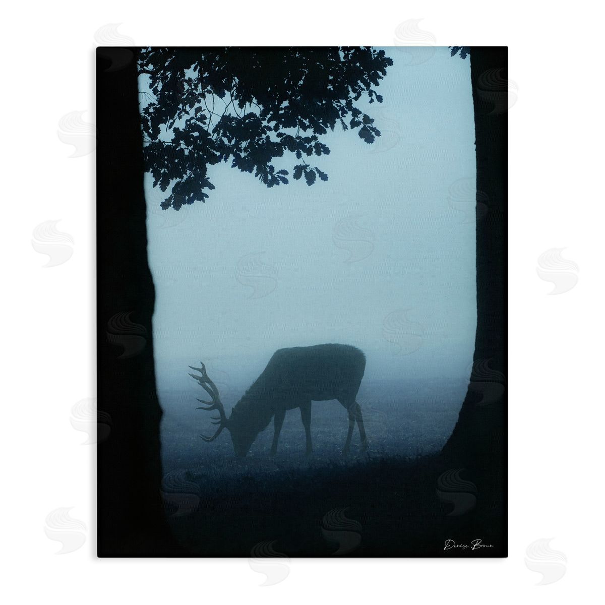 Denise Brown Deer Silhouette Between Trees Foggy Forest Wildlife Stretched Canvas Wall Art Print