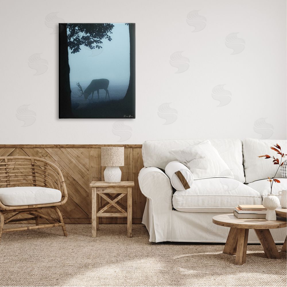 Denise Brown Deer Silhouette Between Trees Foggy Forest Wildlife Canvas Wall Art Print in Room